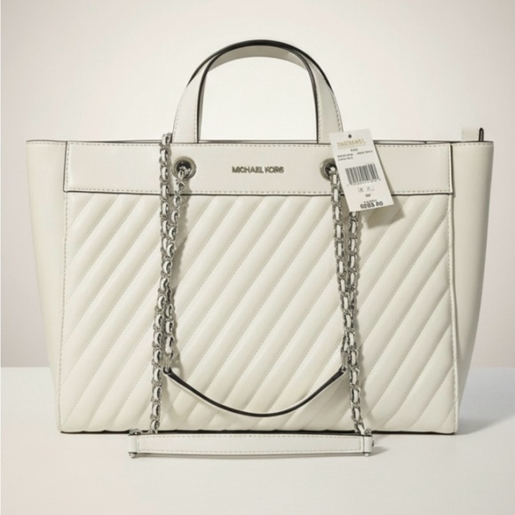 Michael Kors Handbags - Michael Kors Rose Large Quilted East/West Tote Bag Handbag Optic White $528 Nwt